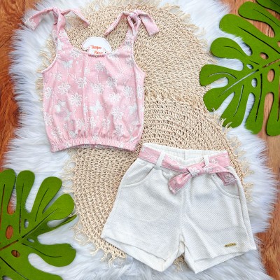 Conj. Regata com Flores e Short em Linho - Rose